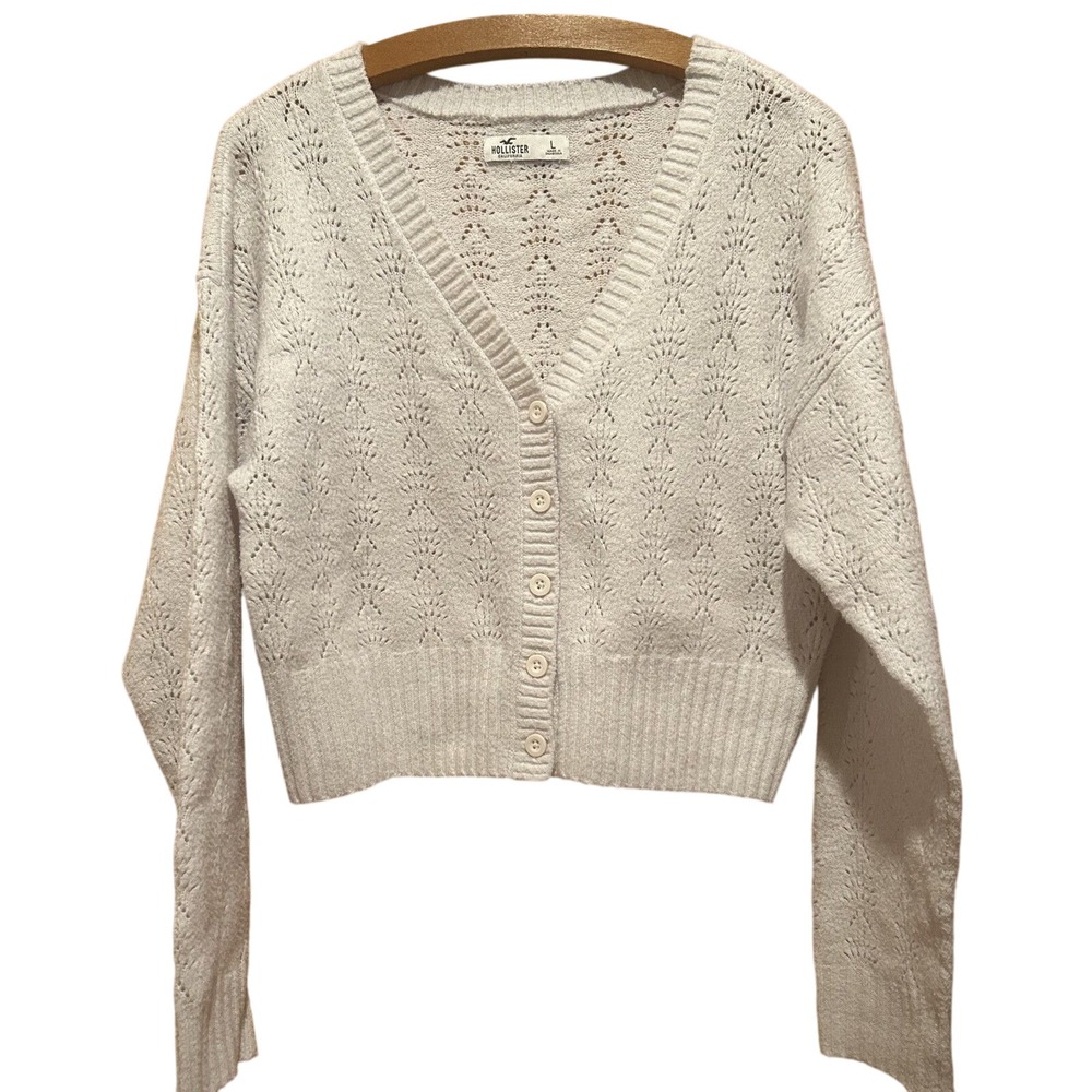 Hollister Cardigan Womens L Pointelle Vneck Ivory Short Length Soft Girl Y2K